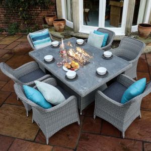 Supremo Catalan Rectangular Six Seat Dining Set with Fire Pit Table